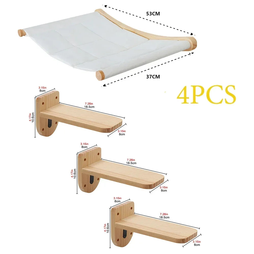 Wall-Mounted Wooden Cat Shelves with Sisal Post & Hammock