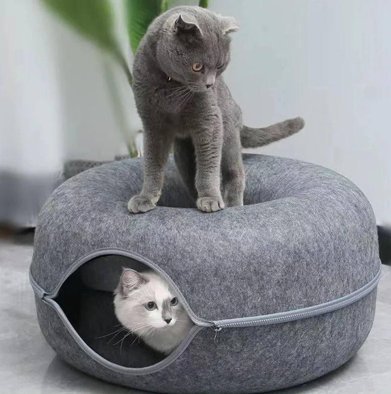 Donut Cat Bed Pet Cat Interactive Game Toy Cat Bed Dual-use Tunnel Bed with Felt Toy Gift for Small Kitten Rabbit
