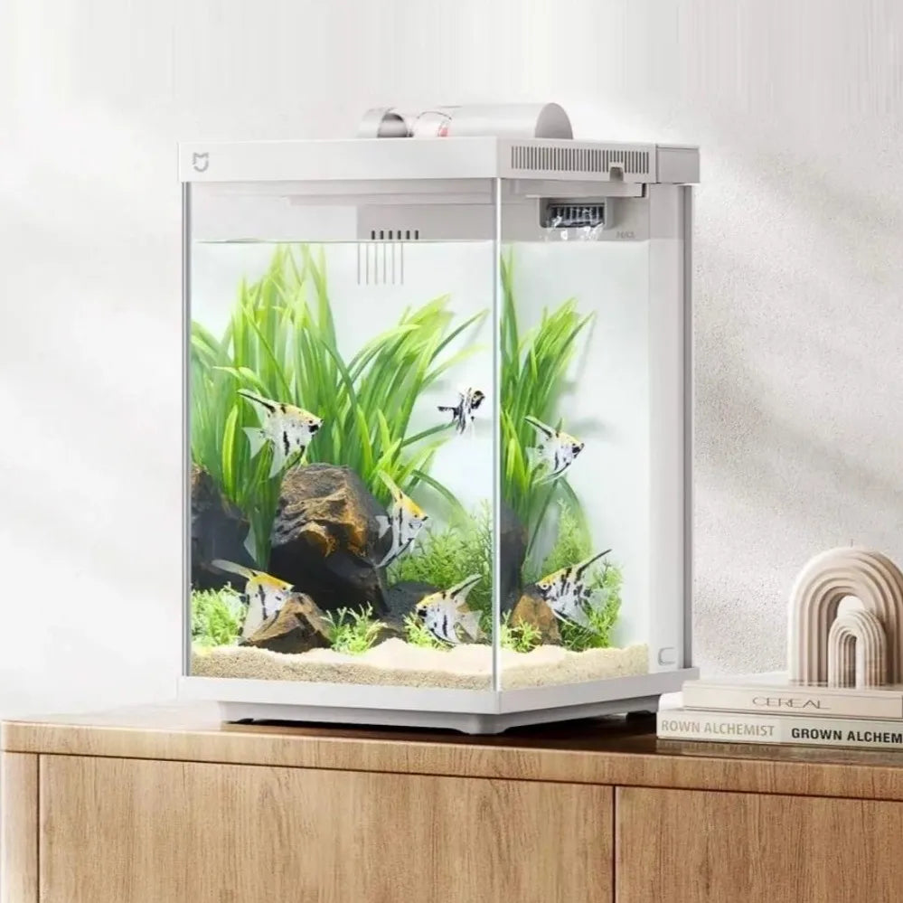 Xiaomi Mijia Smart Desktop Aquarium 10L with clear glass, built-in filtration, and app-controlled feeding system.