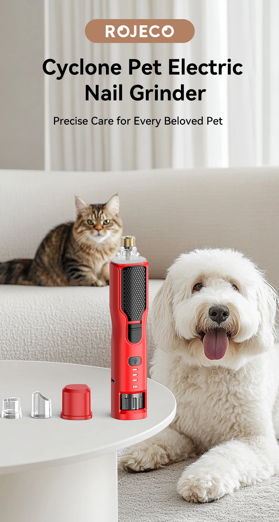 ROJECO Electric Pet Nail Grinder – Rechargeable, LED Light, 7-Speed for Cats & Dogs
