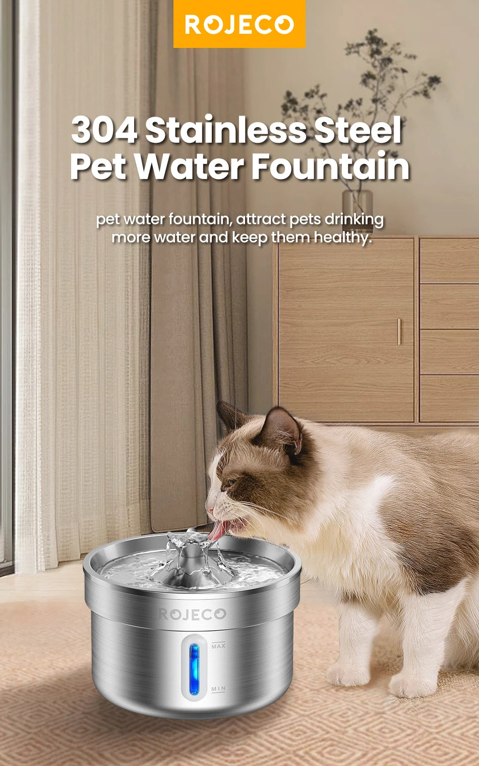 ROJECO Stainless Steel Pet Water Fountain – Smart Dispenser with Pump for Cats & Dogs