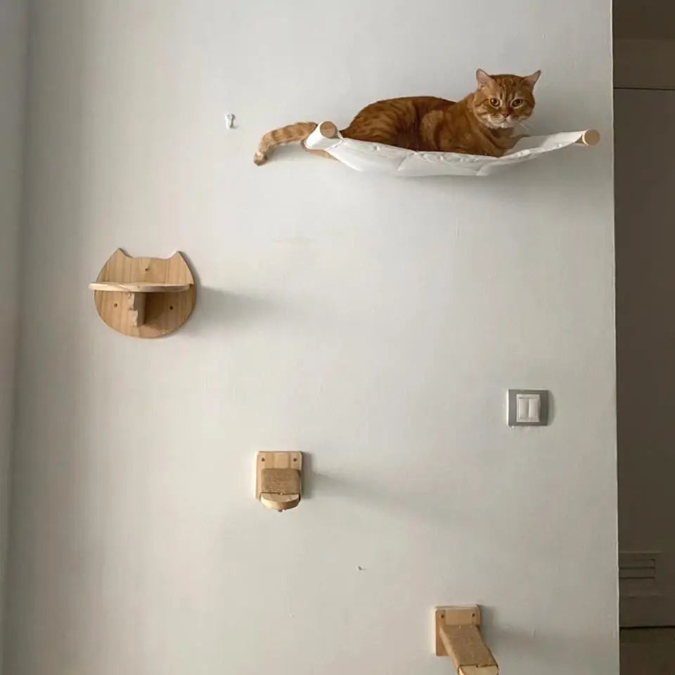 Solid Wood Wall-Mounted Cat Climbing Tower with Hammock