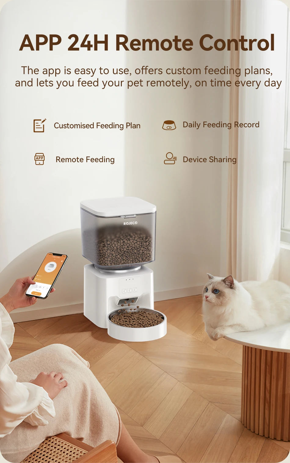 ROJECO 4.5L Auto Dog Feeder – WiFi App, Smart Kibble Dispenser for Cats & Dogs