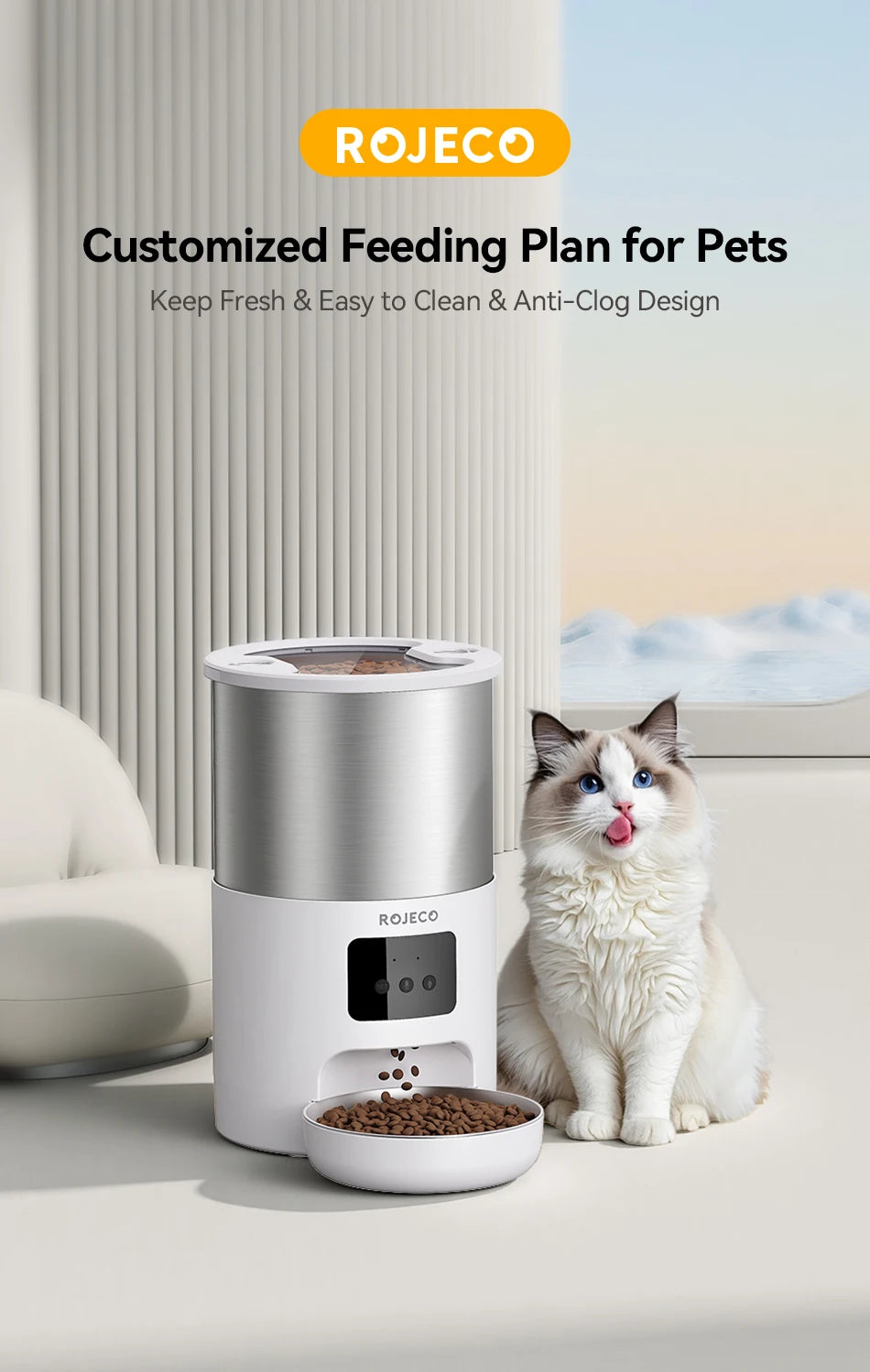 ROJECO Stainless Steel Auto Cat Feeder – WiFi App, Voice Recorder, Smart Dispenser