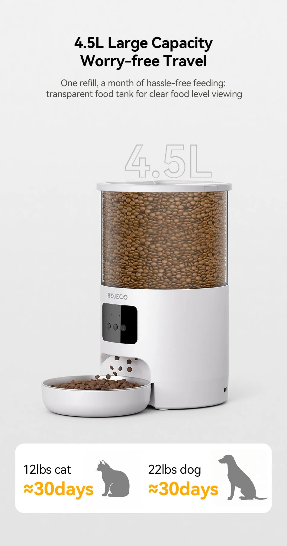 ROJECO Stainless Steel Auto Cat Feeder – WiFi App, Voice Recorder, Smart Dispenser