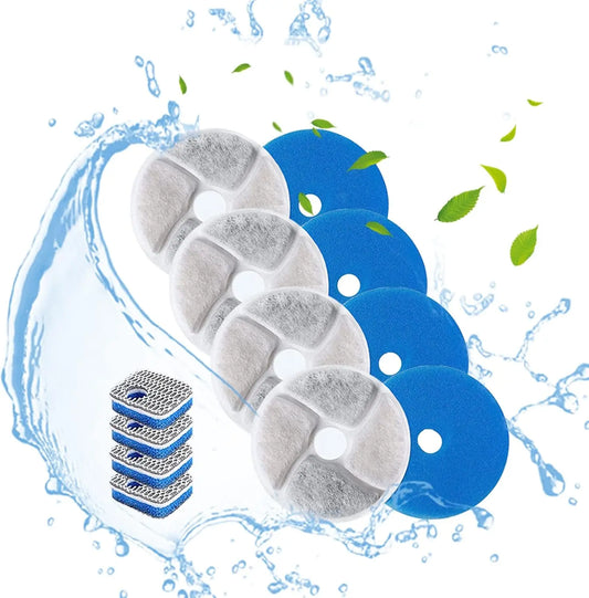 Waggy Tail Cat Water Fountain triple filtration replacement filters showing three white filter cartridges for fresh water.