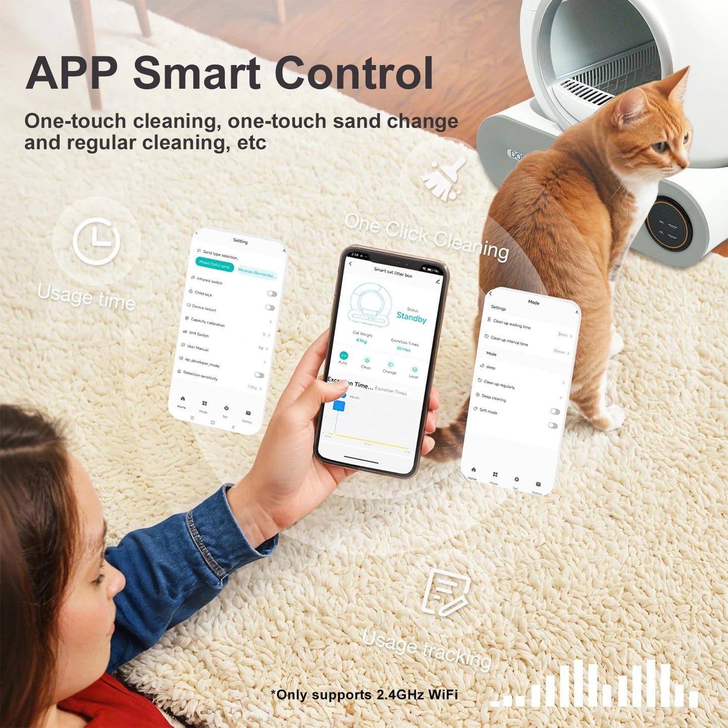 Smart Self-Cleaning Cat Litter Box 65L – App Control, Trash Bag & Mat
