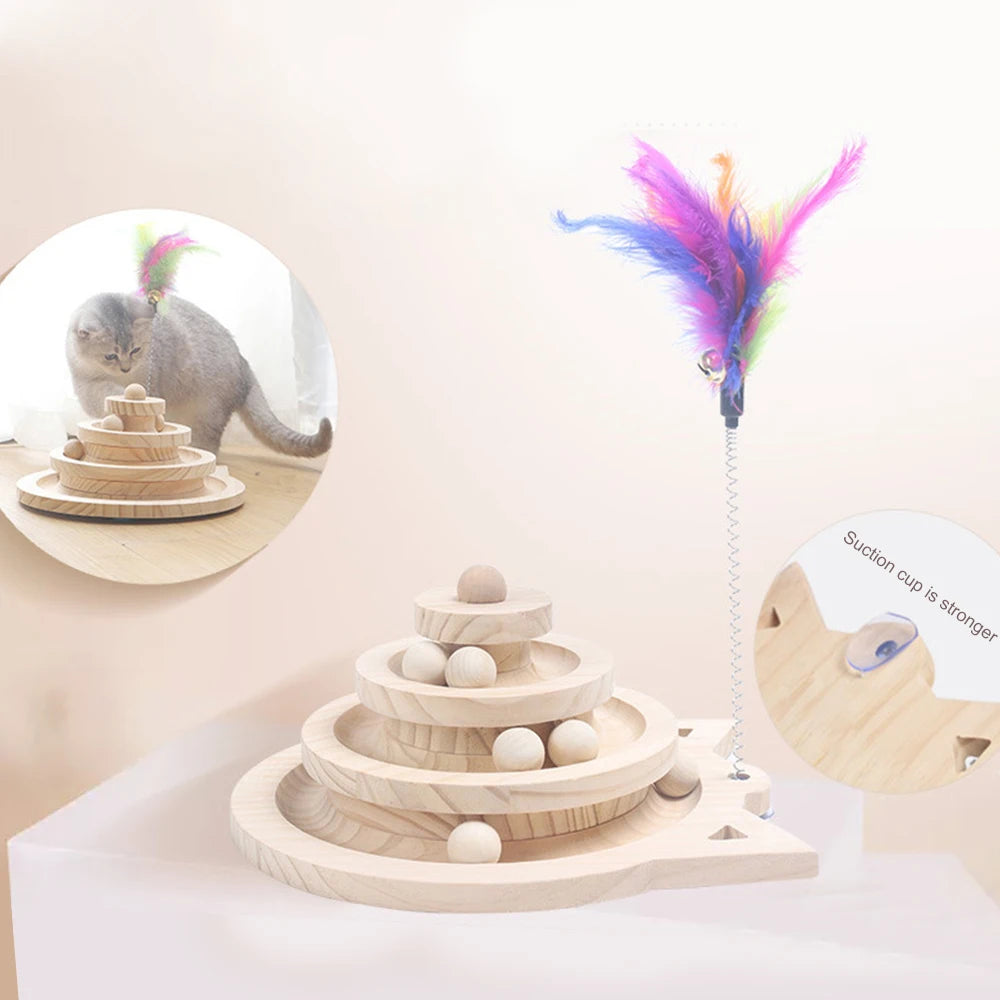 Wooden Multi-Level Cat Tower Track – Intelligence Amusement & Ball Training Toy