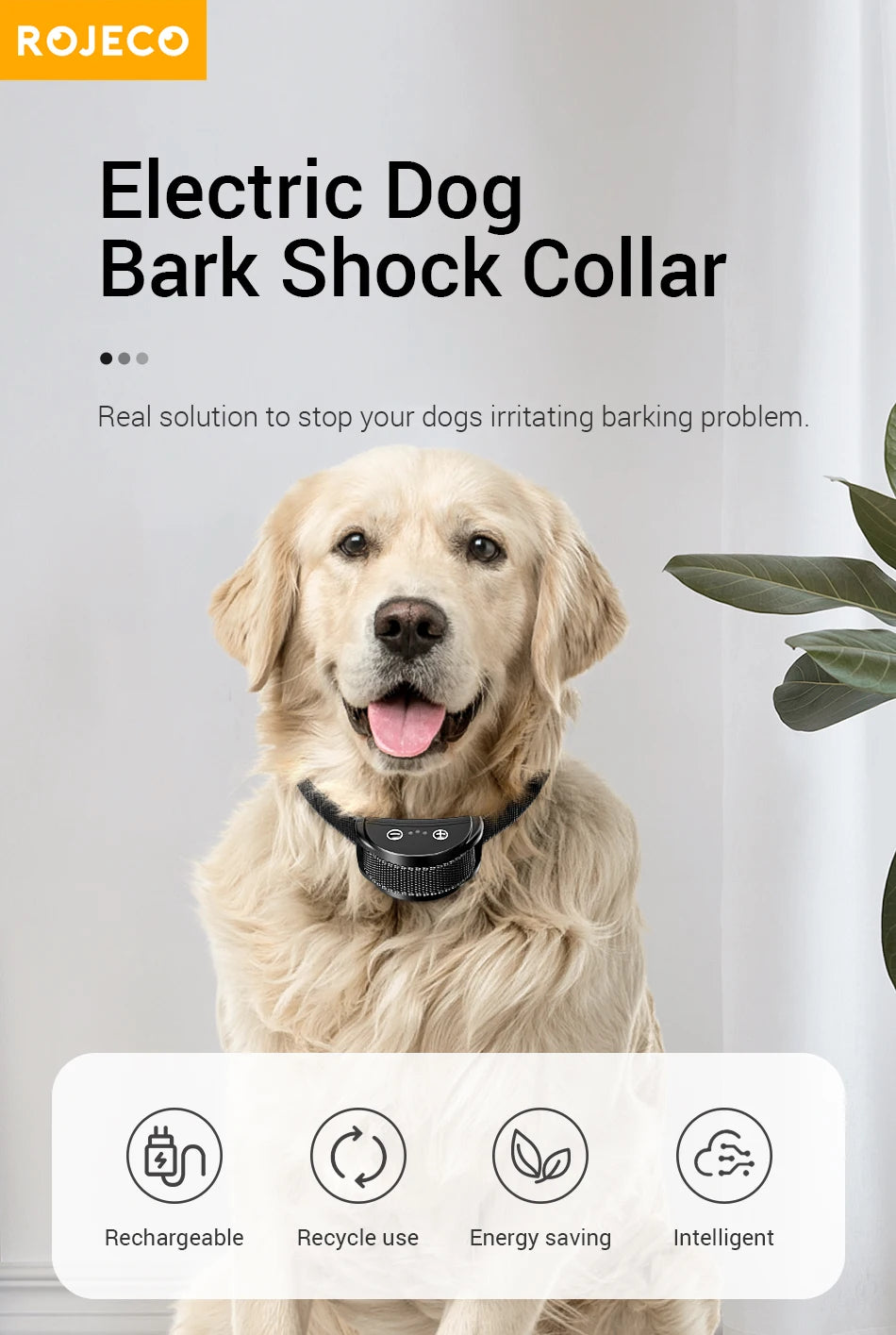 ROJECO Electric Dog Anti Bark Shock Collar Rechargeable Dogs Training Bark Control Collars For Pet Automatic Dog Barking Stopper