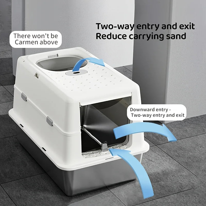 Stainless Steel Cat Litter Box – Flip Cover, Non-Slip Mat