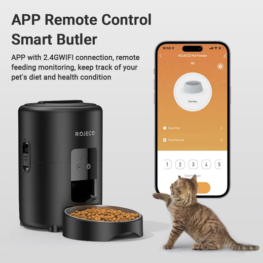 ROJECO 2L Auto Cat Feeder – WiFi App, Voice Recorder, Timed Kibble Dispenser