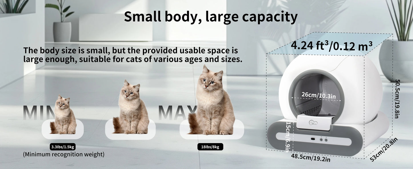 Waggy Tail smart self-cleaning cat litter box with app control, modern design, and automatic waste removal system.
