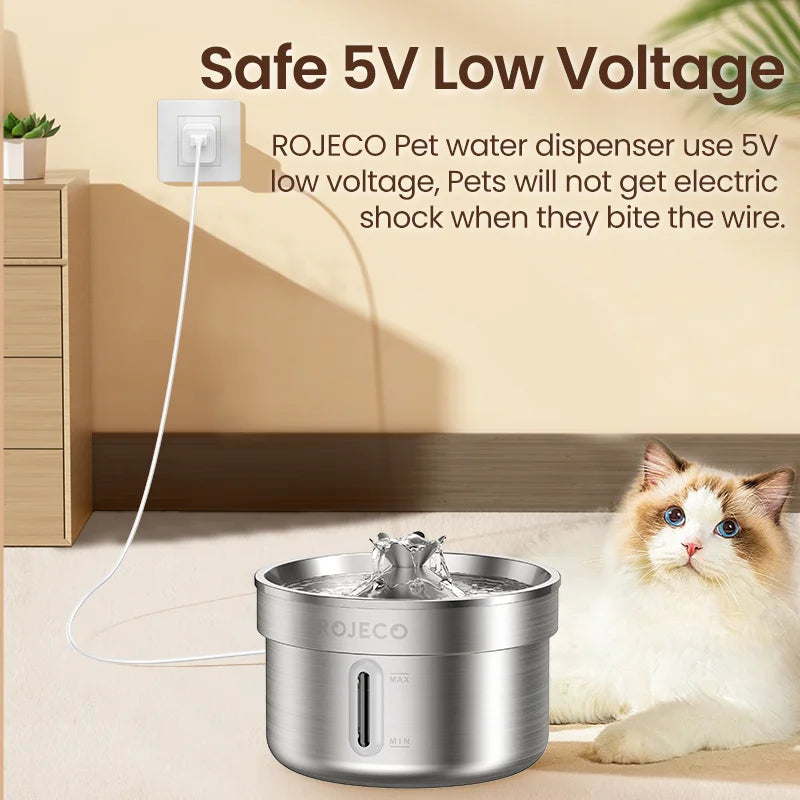 ROJECO Stainless Steel Pet Water Fountain – Smart Dispenser with Pump for Cats & Dogs