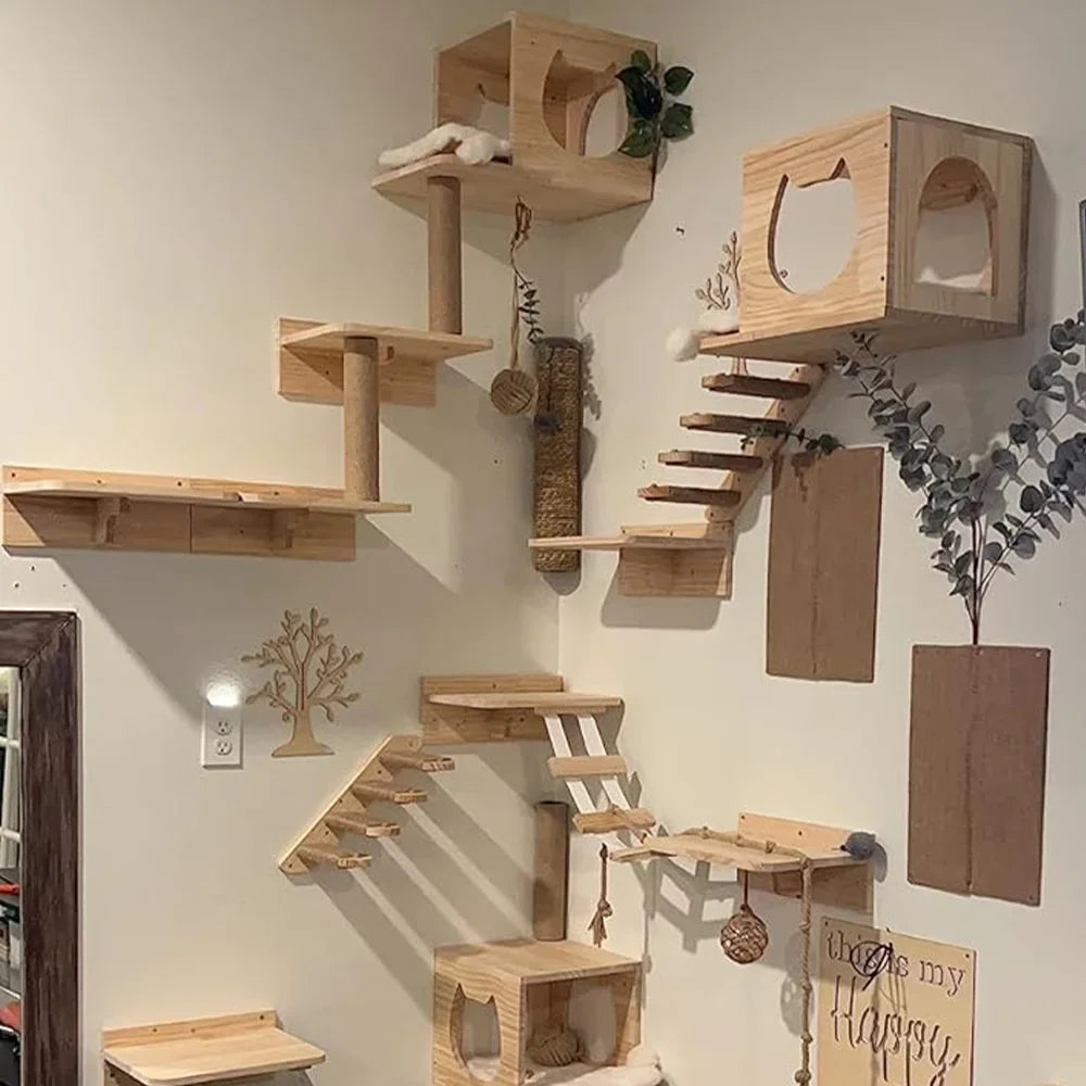 Wall-Mounted Cat Climbing Shelves with Hammock & Steps