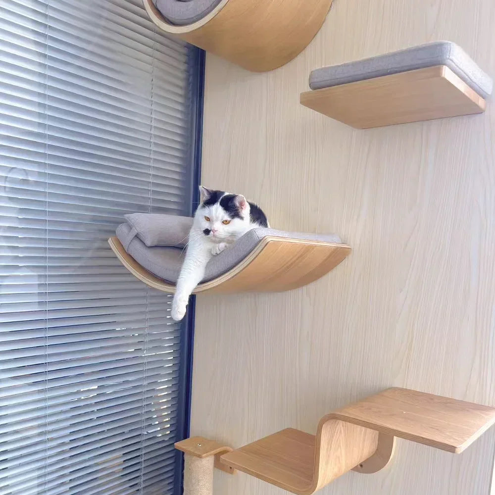 Wall-Mounted Wooden Cat Shelves with Sisal Post & Hammock