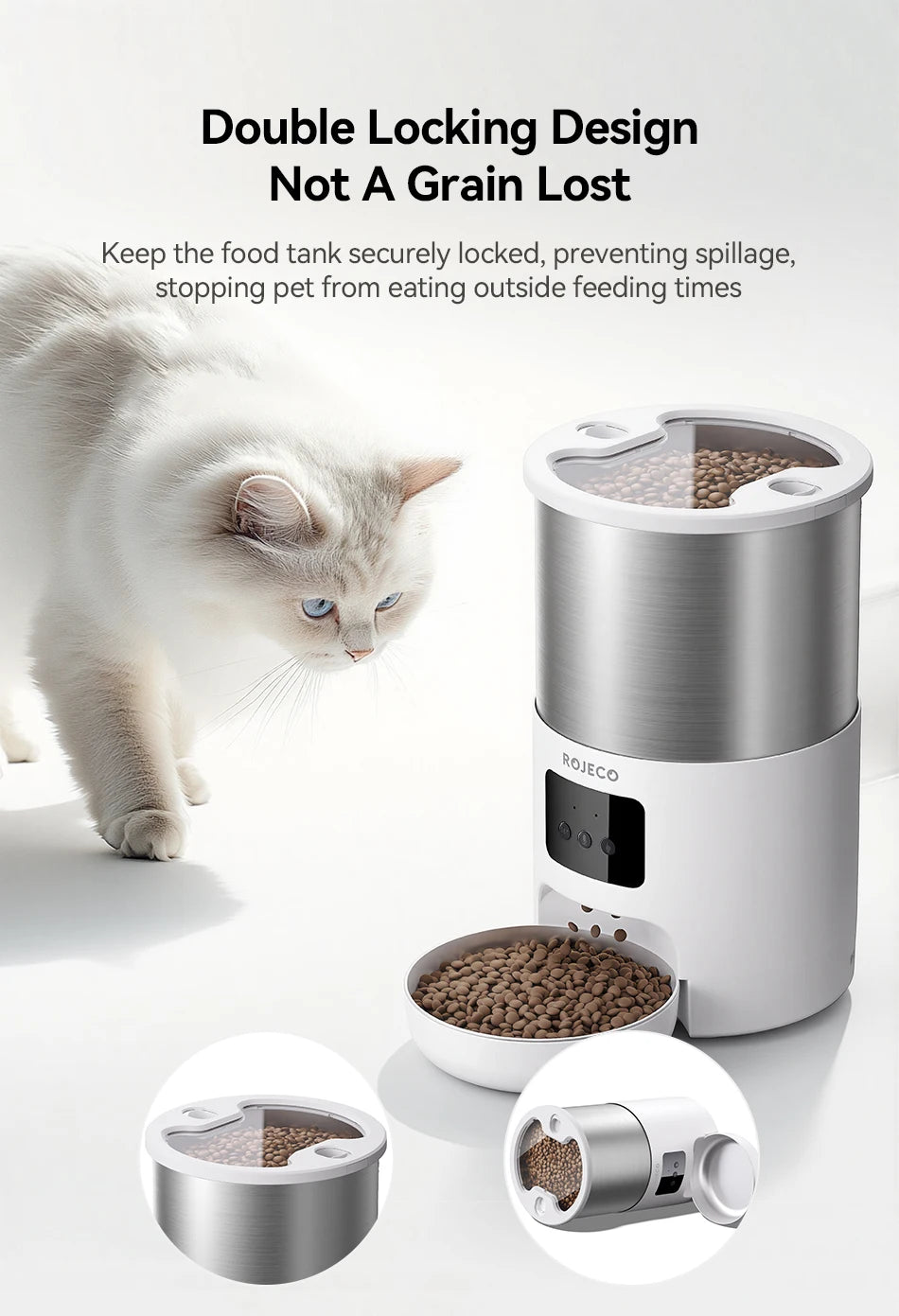 ROJECO Stainless Steel Auto Cat Feeder – WiFi App, Voice Recorder, Smart Dispenser