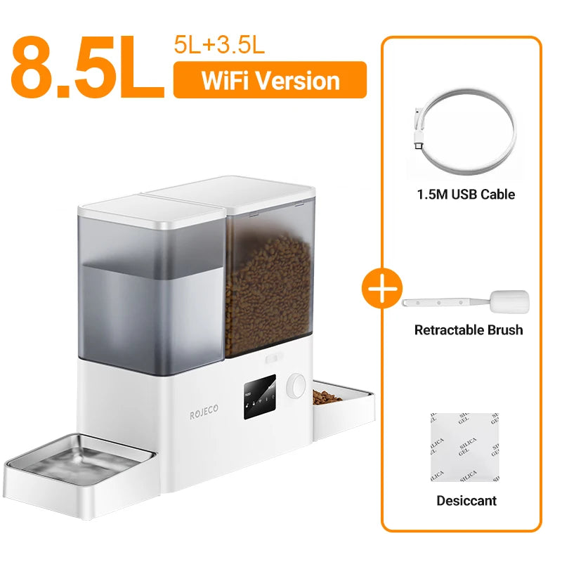 ROJECO 8.5L Auto Pet Feeder & 3.5L Water Fountain – WiFi App, Gravity Drinker