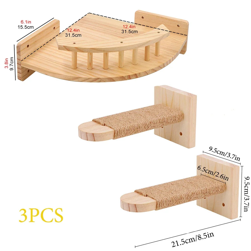 Wooden Cat Tree Tower Cat Climbing Scratching Post Stairs Hammock Hiding House Indoor Playground Cat Walkway Wall Pet Furniture