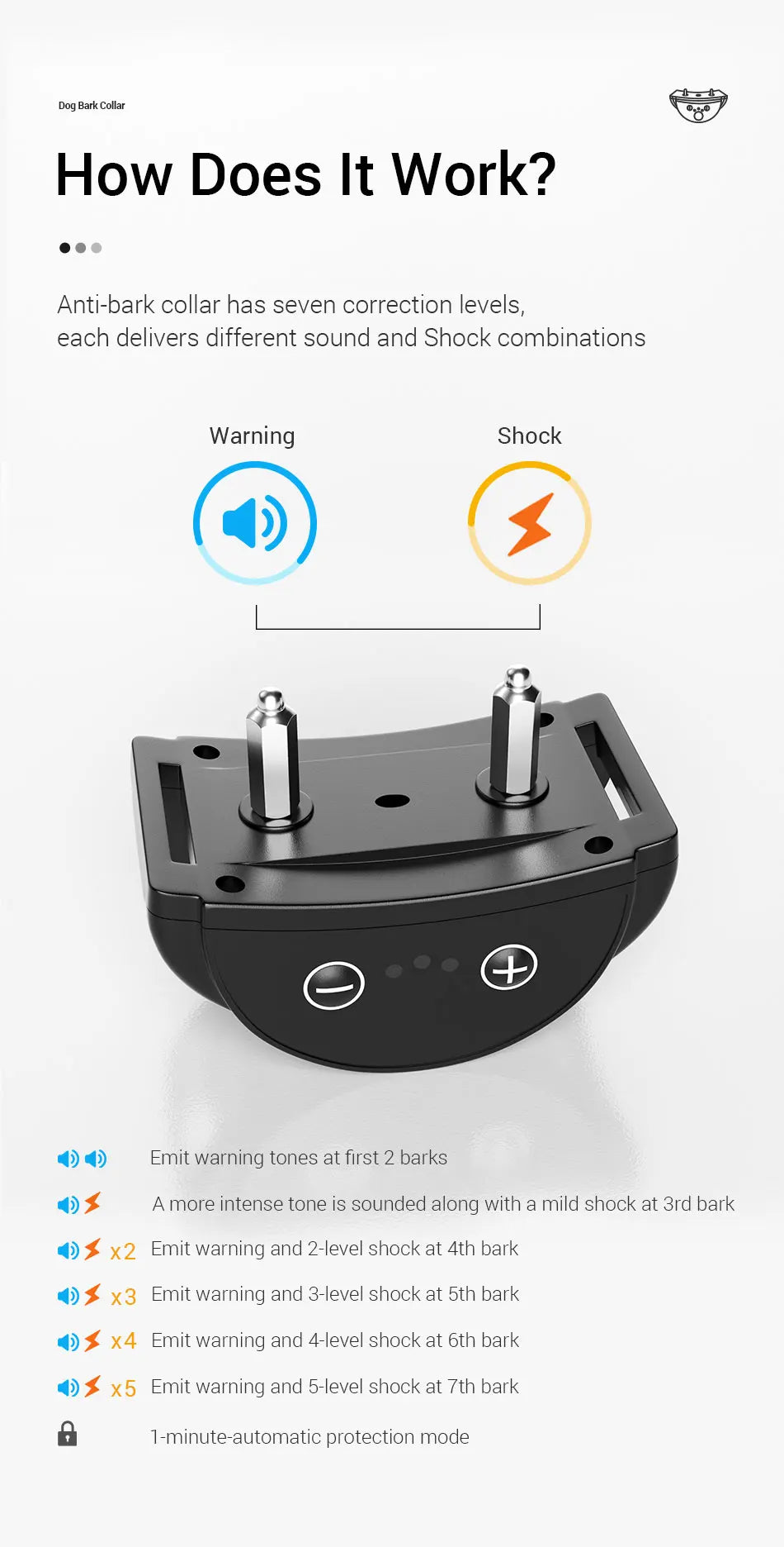 ROJECO Electric Dog Anti Bark Shock Collar Rechargeable Dogs Training Bark Control Collars For Pet Automatic Dog Barking Stopper