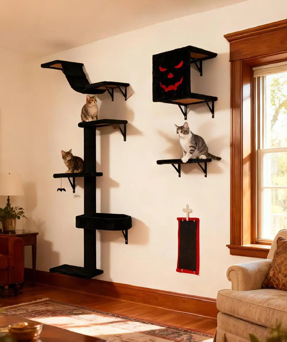 Wall-mounted Waggy Tail cat tree with multi-level platforms and sisal scratch post for space-saving feline furniture.