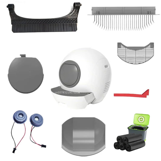 Waggy Tail Smart Cat Litter Box spare parts and accessories kit with replacement filters, scoops, and cleaning tools.