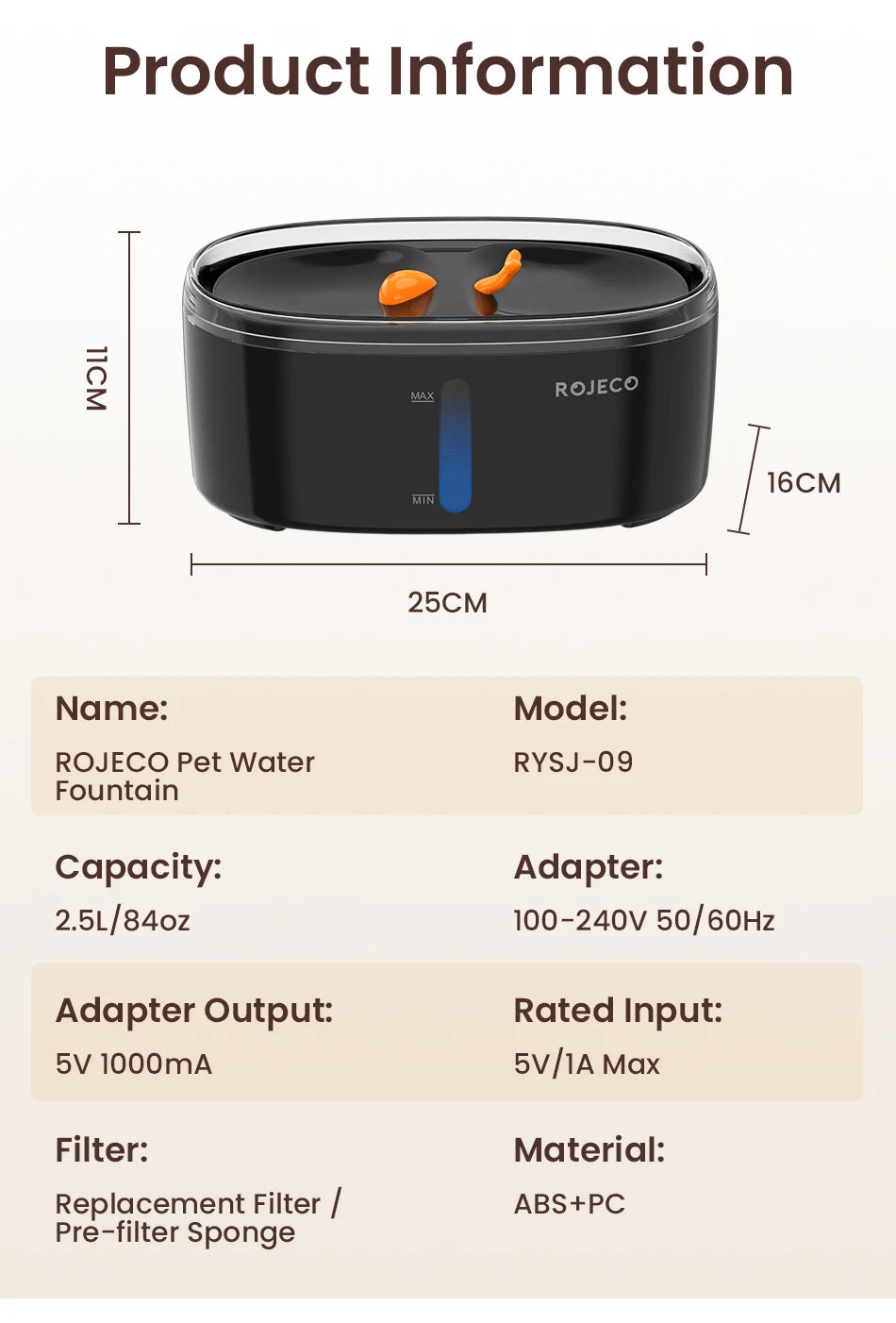 ROJECO 2.5L Cat Water Fountain – Smart Dual Bowl Drinker for Multiple Cats & Kittens