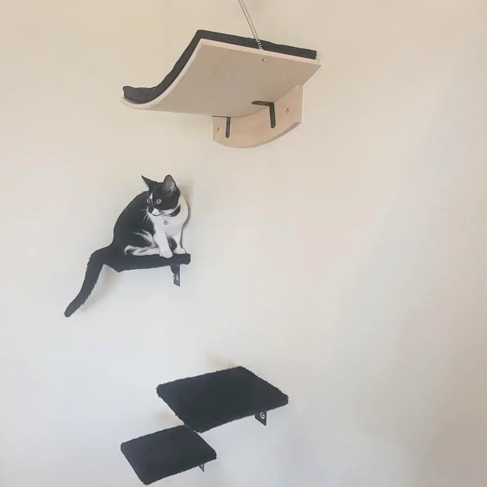 Solid Wood Wall-Mounted Cat Climbing Tower with Hammock