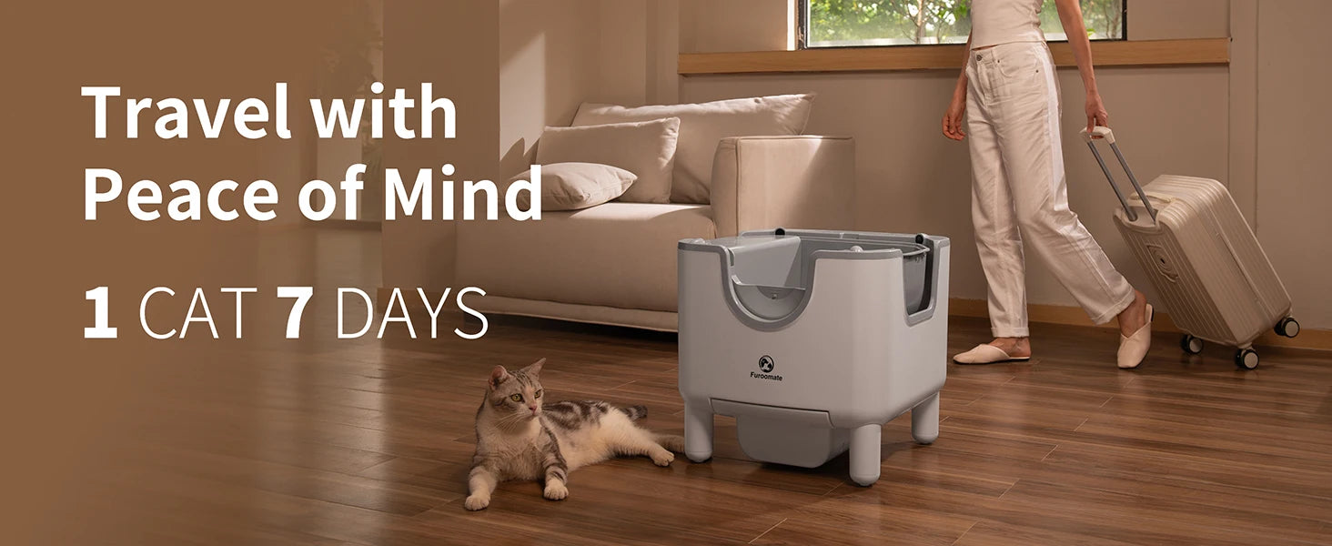Waggy Tail smart self-cleaning open-top cat litter box with odor control and safety sensors, designed for easy maintenance.