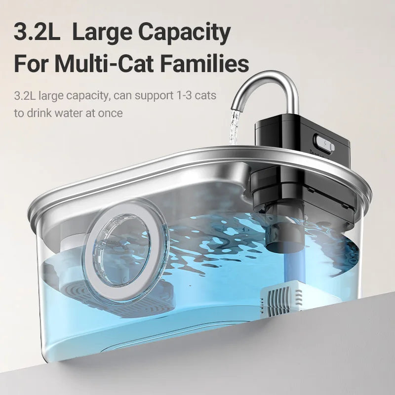 ROJECO 3.2L Stainless Steel Cat Water Fountain – Wireless Sensor, 4000mAh Battery