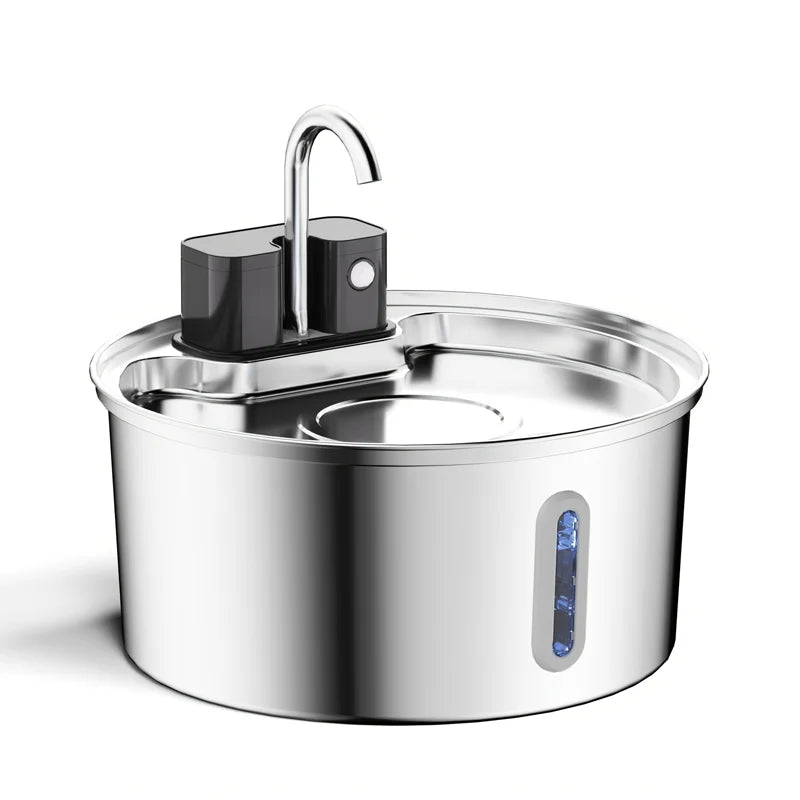 Wireless stainless steel cat water fountain with 3.2L capacity, auto filtration, and 4000mAh battery by Waggy Tail