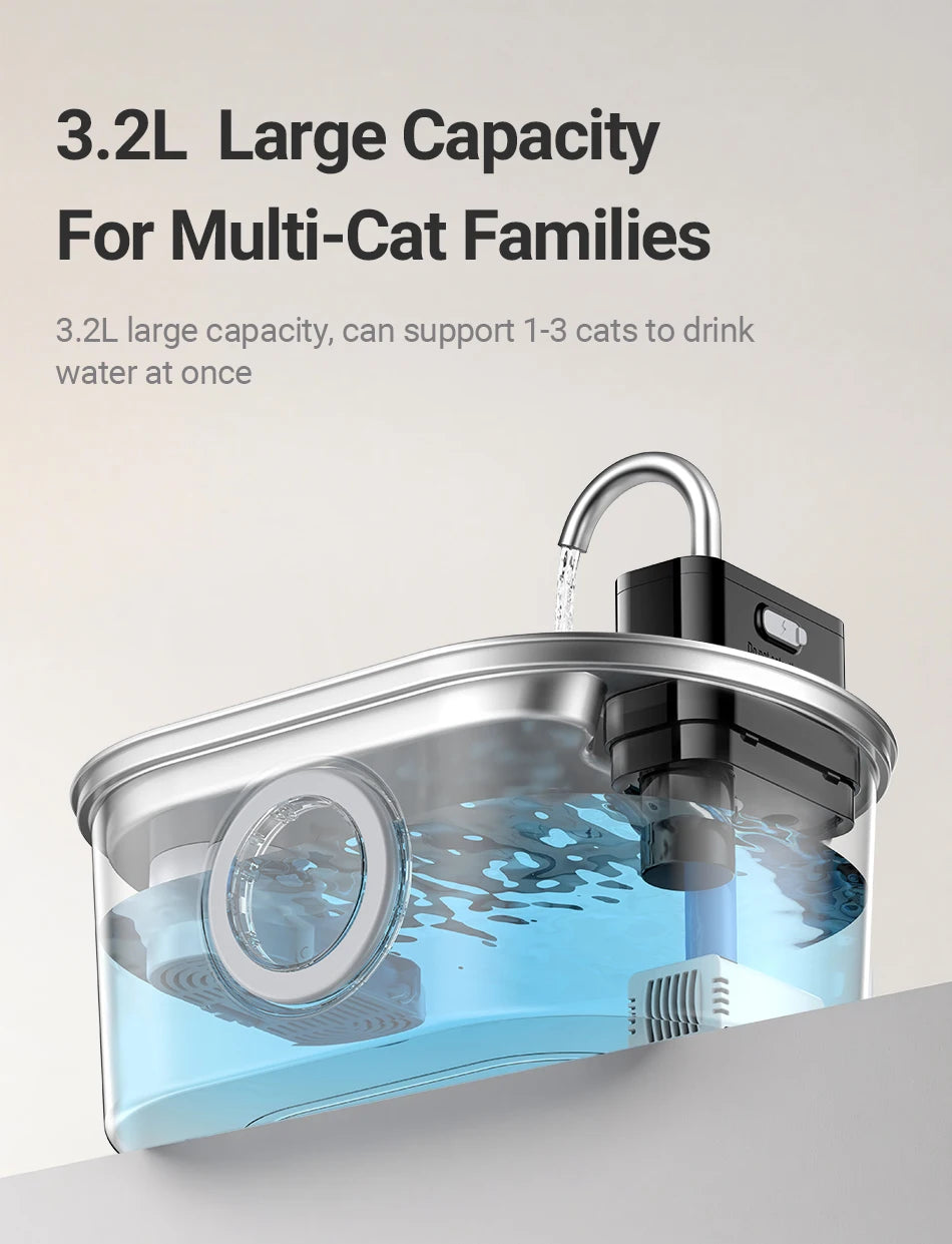 ROJECO 3.2L Stainless Steel Cat Water Fountain – Wireless Sensor, 4000mAh Battery