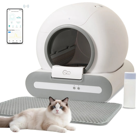 Smart self-cleaning cat litter box by Waggy Tail with app control, showing the modern design and litter disposal mechanism.