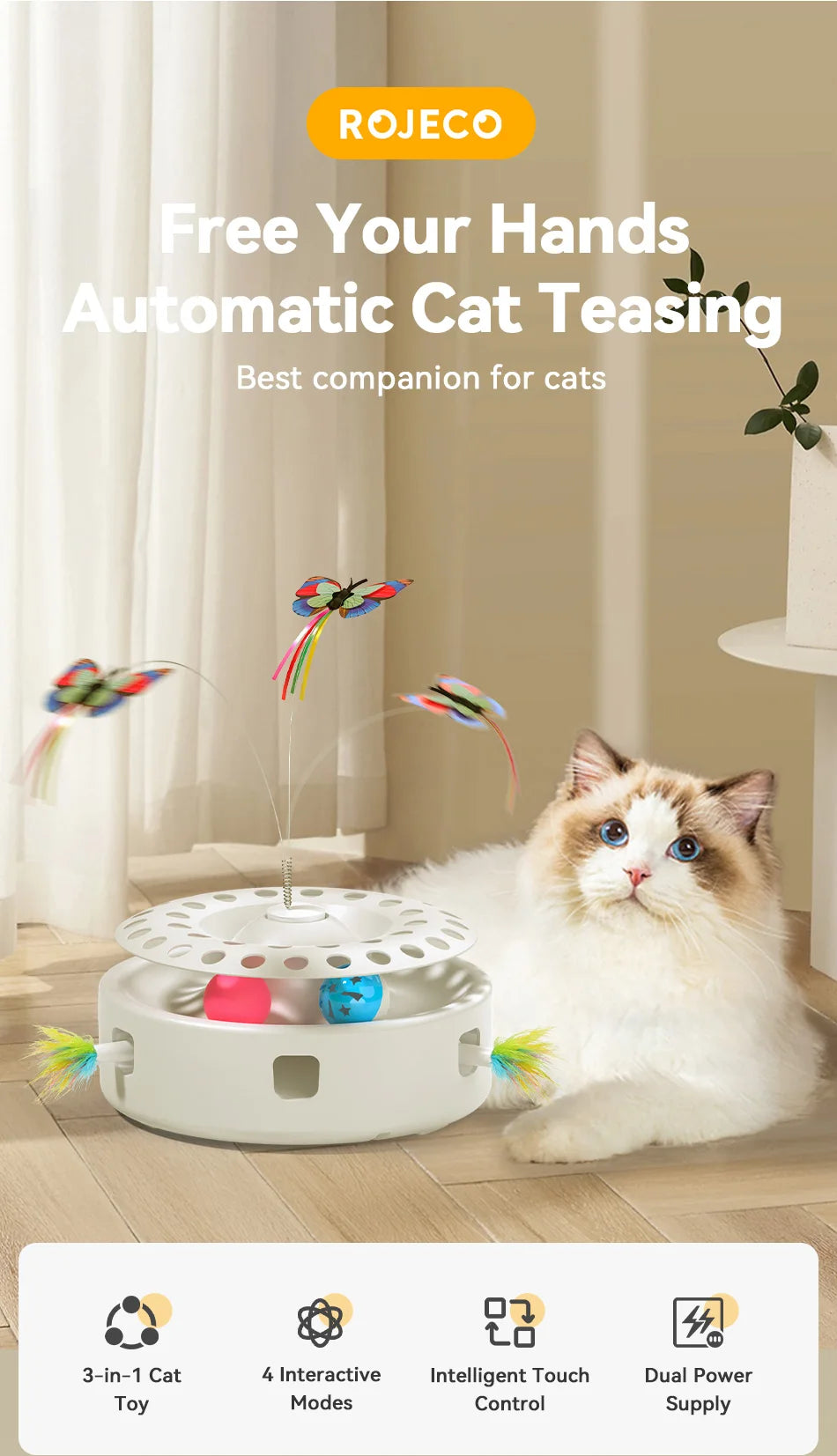 ROJECO 3-in-1 Auto Cat Toy – Butterfly Teaser, Track Balls & Ambush Feather