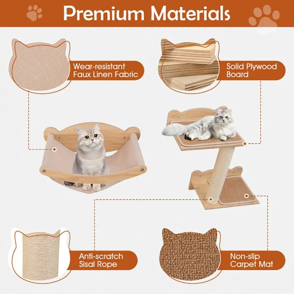 Set of 4 Cat Wall Furniture with 2-Step Cat Tree and Perch Including Hammock Quality Cat Scratcher