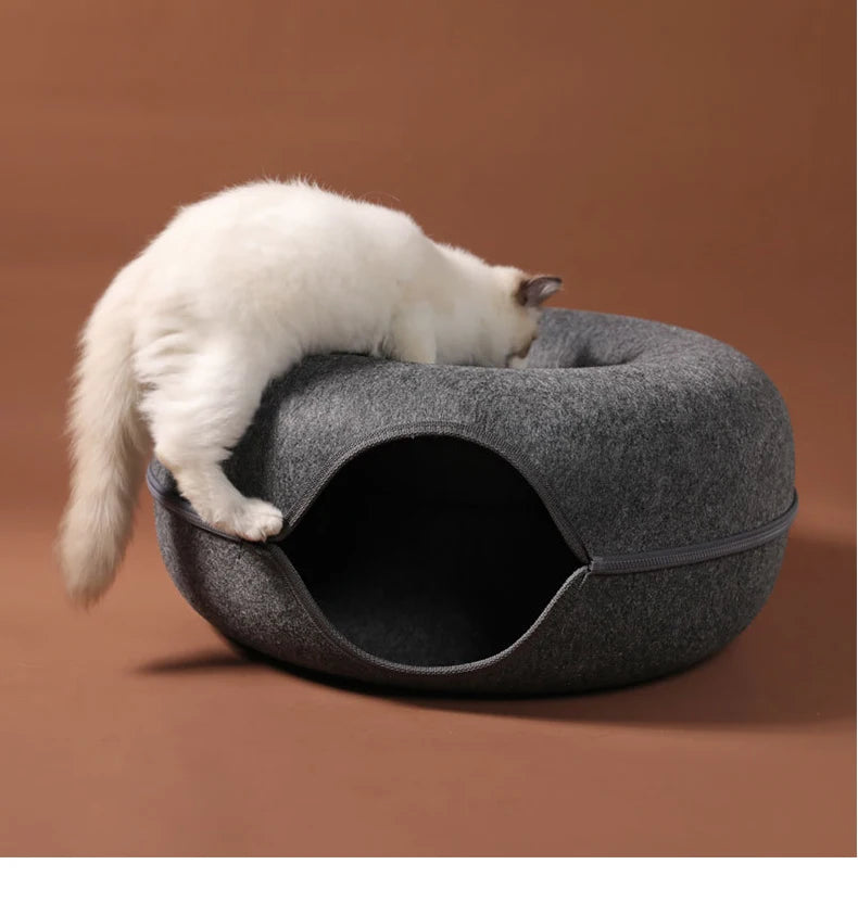 Round Felt Cat Tunnel Donut Bed with Scratcher