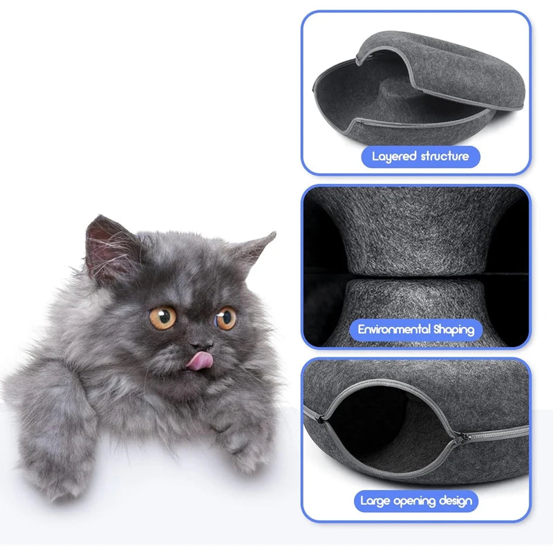 Donut Cat Bed Pet Cat Interactive Game Toy Cat Bed Dual-use Tunnel Bed with Felt Toy Gift for Small Kitten Rabbit