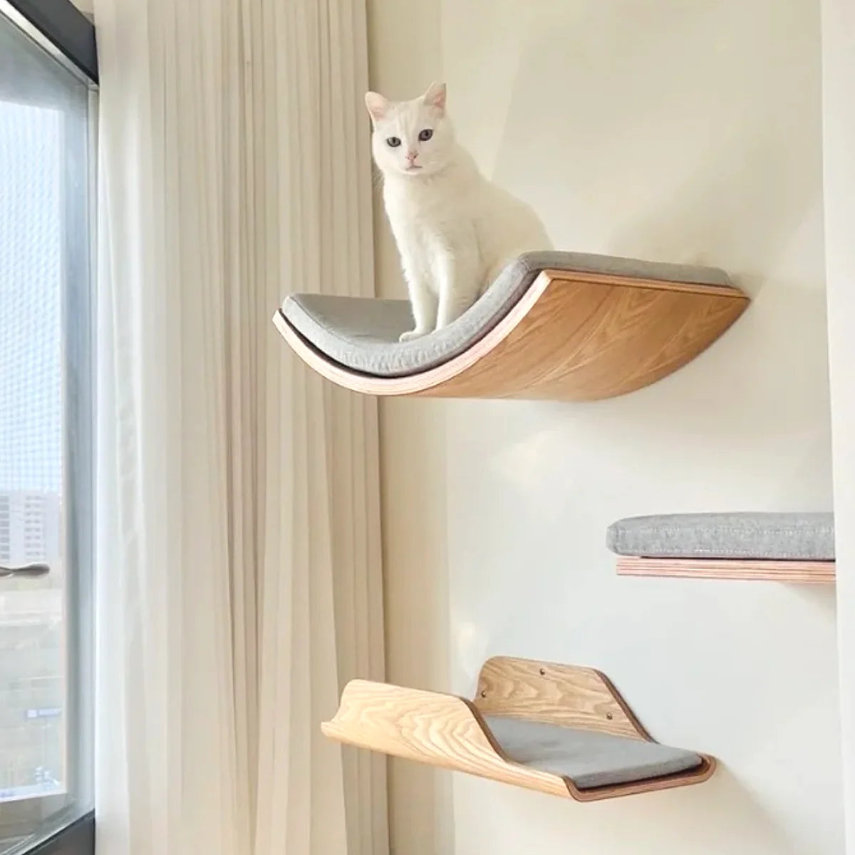 Wall-Mounted Wooden Cat Shelves with Sisal Post & Hammock