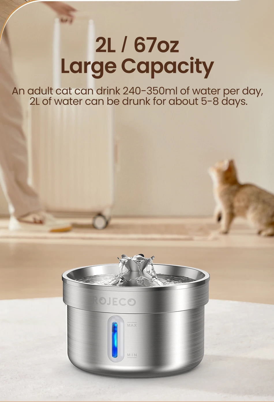 ROJECO Stainless Steel Pet Water Fountain – Smart Dispenser with Pump for Cats & Dogs