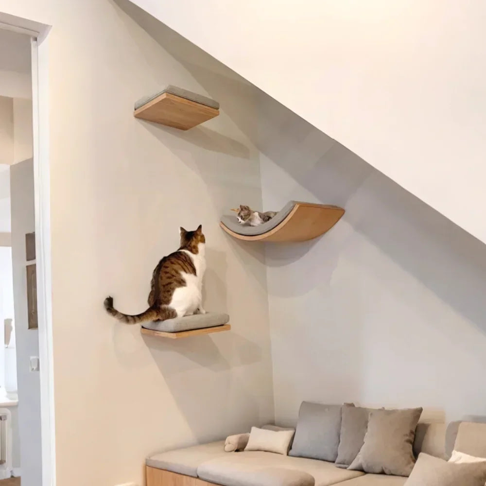 Wall-Mounted Wooden Cat Shelves with Sisal Post & Hammock