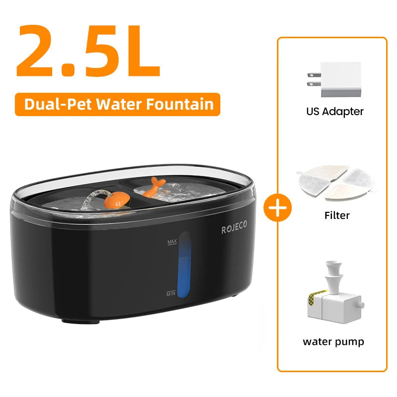 ROJECO 2.5L Cat Water Fountain – Smart Dual Bowl Drinker for Multiple Cats & Kittens