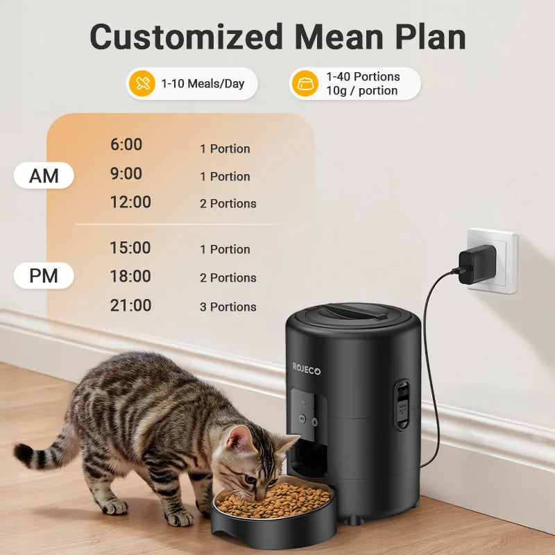 ROJECO 2L Auto Cat Feeder – WiFi App, Voice Recorder, Timed Kibble Dispenser