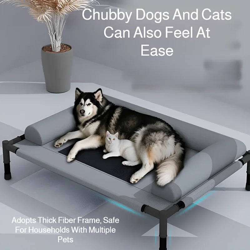 Waggy Tail breathable mesh pet bed with moisture-proof design, large off-ground camp bed for dogs and cats.