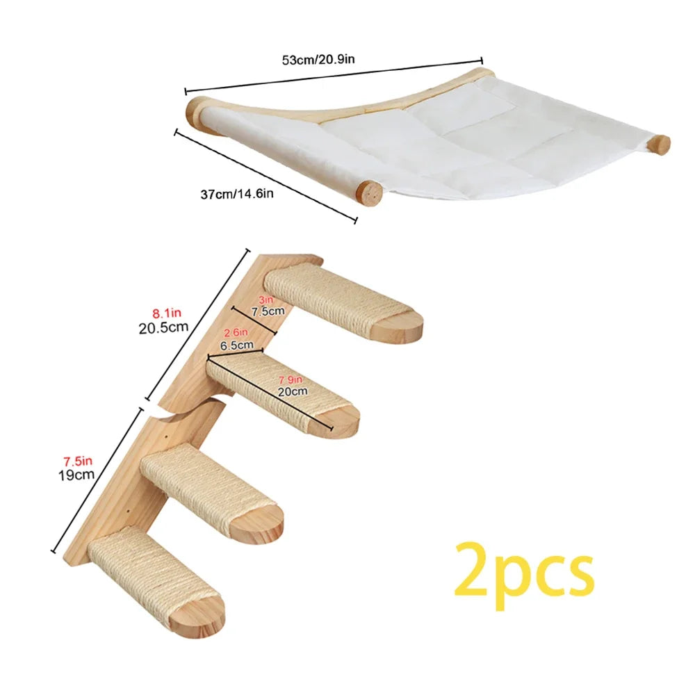 Wooden Cat Tree Tower Cat Climbing Scratching Post Stairs Hammock Hiding House Indoor Playground Cat Walkway Wall Pet Furniture