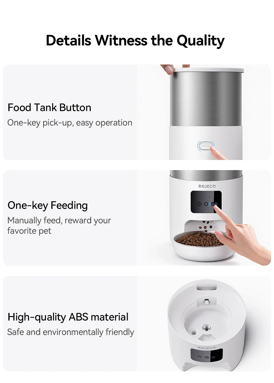 ROJECO Stainless Steel Auto Cat Feeder – WiFi App, Voice Recorder, Smart Dispenser