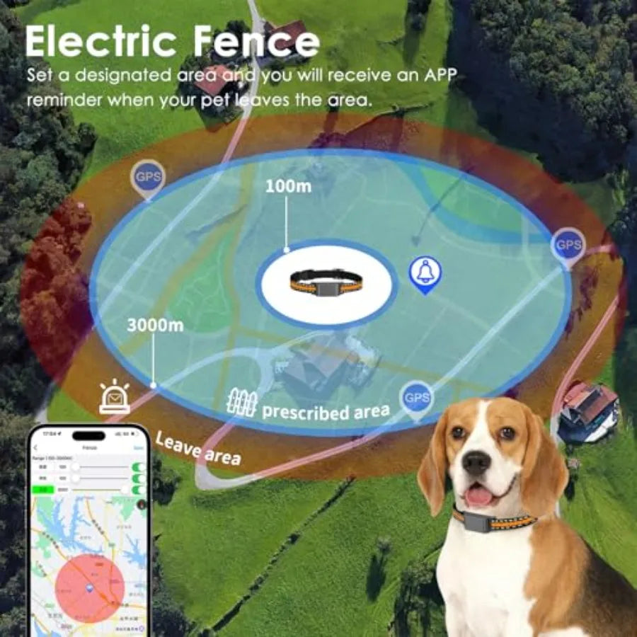 GPS dog tracker for medium/large dogs, durable silicone strap, black, 3-level virtual fences, 7-day battery, IP66 water resista