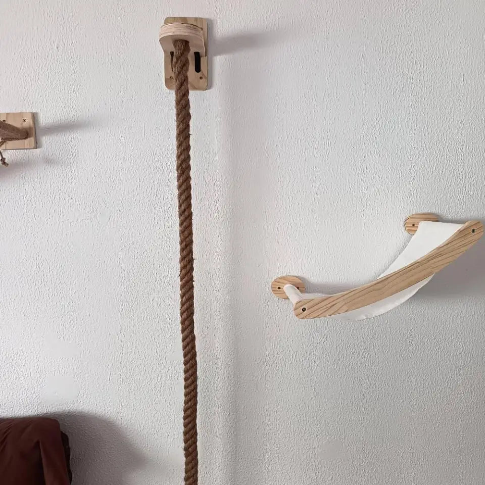 Solid Wood Wall-Mounted Cat Climbing Tower with Hammock