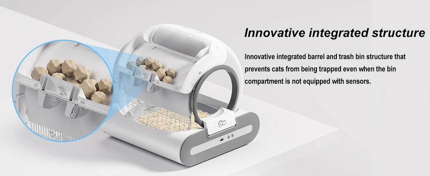 Smart self-cleaning cat litter box by Waggy Tail with app control, featuring a modern design and automatic waste removal system.