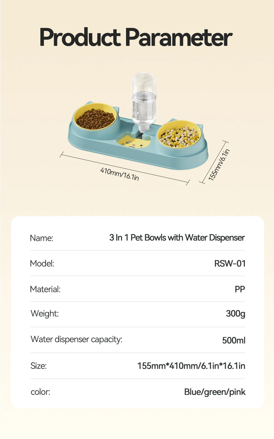 ROJECO 3-in-1 Pet Bowl Set – Auto Water Refill, Dual Feeding Bowls, Dry & Wet Separation