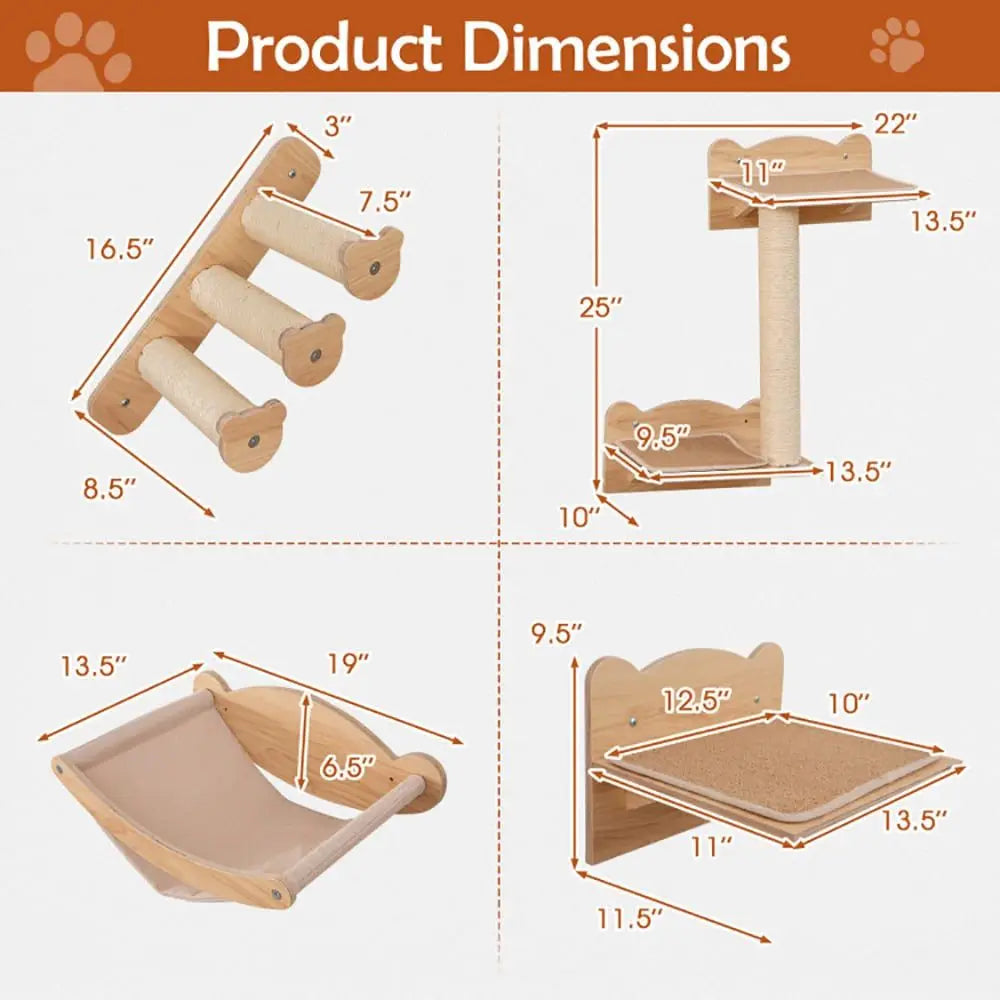 Set of 4 Cat Wall Furniture with 2-Step Cat Tree and Perch Including Hammock Quality Cat Scratcher