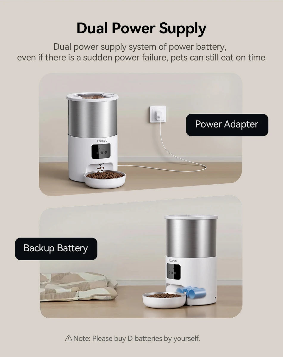 ROJECO Stainless Steel Auto Cat Feeder – WiFi App, Voice Recorder, Smart Dispenser